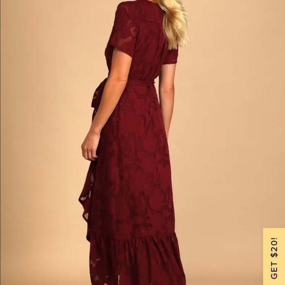 Lulus Blissfully Burgundy Jacquard Wrap Dress - Picture 3 of 5